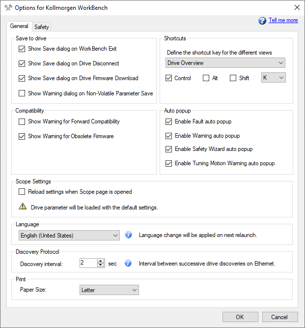 Options for Kollmorgen WorkBench dialog with the General tab shown